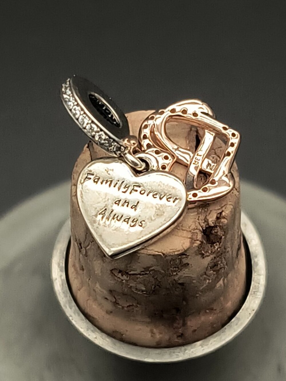 Pandora Rose Gold Heart Dangle Charm "Family Forever & Always"